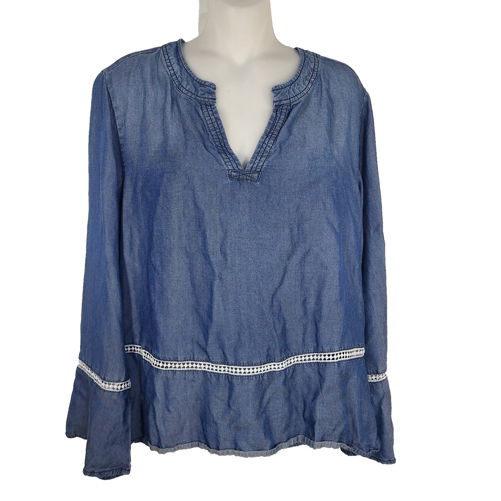 Love Fire Shirt Women's Size Large Blue Chambray V Neck Long Bell Sleeve Crochet